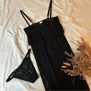 Y2K Elegant Moments Black Lace Sheer Maxi Lingerie Dress w/ Thong